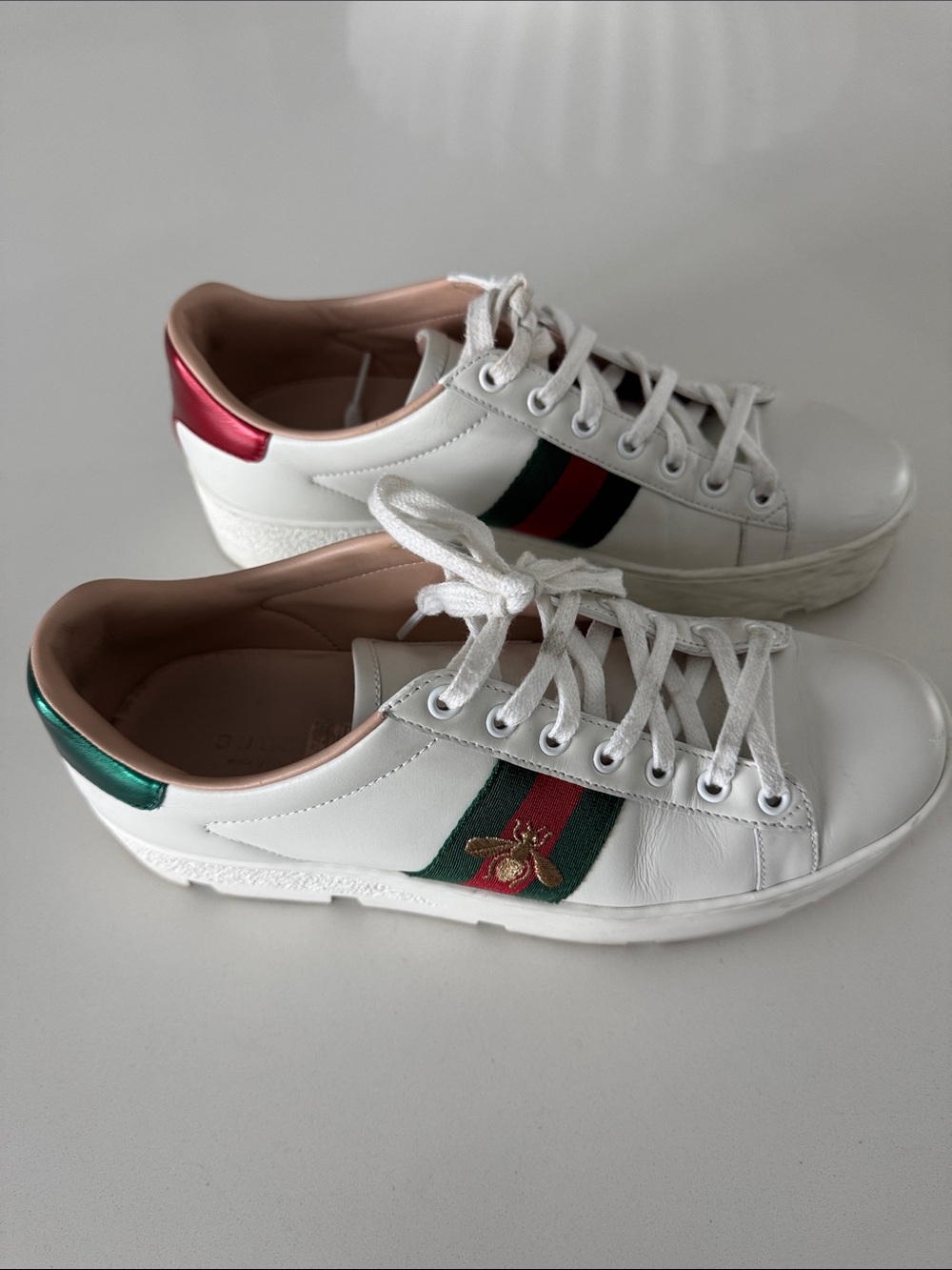 Gucci White Leather Sneakers with Green & Red Web and Gold Bee - Picture 7 of 9